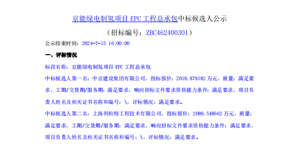 中标 | 京能绿电制氢项目公示EPC中标候选人(图1)